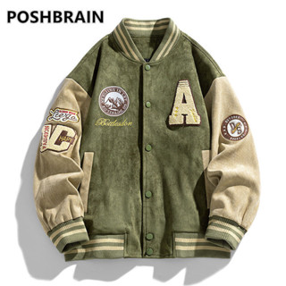 臺灣出貨POSHBRAIN麂皮絨棒球服男女款寬鬆vintage秋季美式飛行員情侶夾剋 棒球外套 秋冬外套 保暖外套 休閒