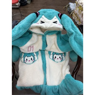 COSMOS 甩蔥初音未來連帽睡袍珊瑚絨睡衣女秋冬季加絨加厚保暖居家服外穿