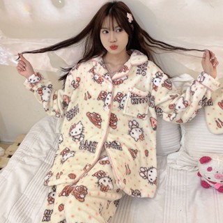 可愛 女生睡衣 🎀愛心波點hellokitty凱蒂貓珊瑚絨睡衣女秋冬季加厚毛絨可愛家居服卡通睡衣 寬鬆睡衣