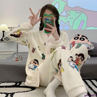 【臺灣出貨】韓版睡衣 厚款 睡袍 保暖 法蘭絨 毛絨睡衣 蠟筆小新珊瑚絨睡衣秋冬季加厚套裝保暖卡通甜美學生法蘭絨家居服