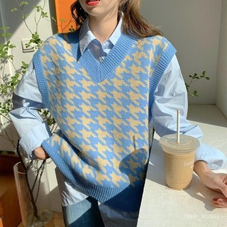 【免費參觀】 針織馬甲 秋冬衣服 針織背心 韆鳥格針織馬甲女外穿針織馬夾2021新款春季寬鬆韓版外搭毛衣背心 UPP