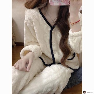 🎀臺灣出貨🎀Round🎀甜美可愛睡衣 加絨加厚秋冬季新款珊瑚絨睡衣女士學生ins宿舍可外穿家居服套裝