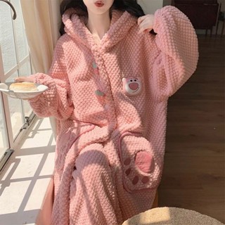長款冬季睡袍女珊瑚絨加厚可愛連帽法蘭絨冬天睡衣保暖家居服套裝