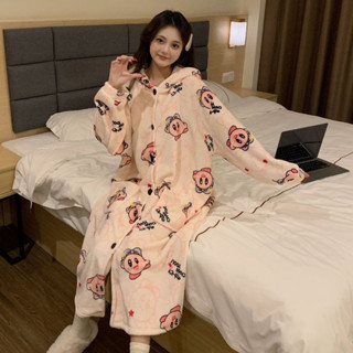 冬季 居家服 睡衣 睡袍 珊瑚絨加長款睡袍冬季女款加厚法蘭絨連帽星之卡比睡衣家居服套裝