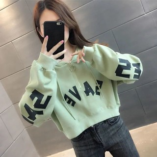 免運📣短版小個子大學T女裝春秋薄款高腰洋氣炸街拉鍊小款印花上衣 套頭連帽大學T 百搭字母印花大學T 女生帽t 閨蜜裝