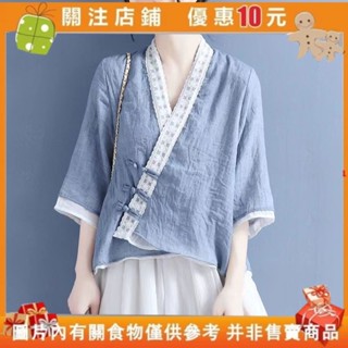 【白小白】棉麻漢服 民族風上衣 民國風上衣 蕾絲斜襟盤扣系帶七分袖襯衫女 棉麻復古茶服 夏季女裝 大尺碼女裝 短袖上衣