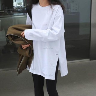 秋冬新品🍂薄款/加絨大尺碼上衣 白色打底衫 長袖T桖 寬松胖mm100KG可穿 長袖t恤內搭德絨開叉上衣 顯瘦遮肉打底