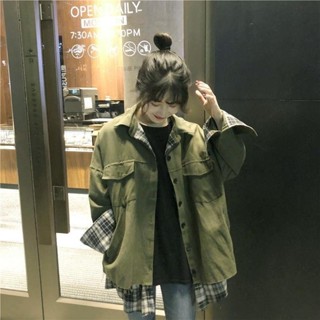 「M.z 優 品」ins 複古 格子 秋冬 工裝 外套女 減齡 年輕感 韓版 寬鬆 bf 中長款 原宿 棒球服 風衣
