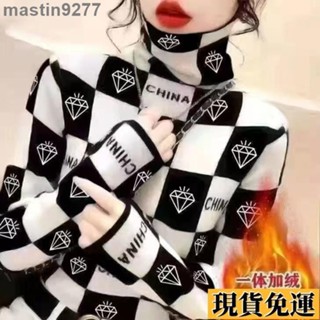 🌸臺灣限時低價🌸 S-5XL 德絨長袖女韓版上衣修身內搭外穿洋氣印花高領打底衫女發熱衣 保暖打底衫 保暖內搭衣 高領