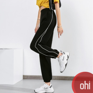 【ohi】冰絲條紋運動褲 新款韓版韓系女裝 褲子 薄款寬鬆束腳褲 燈籠褲 防蚊褲 防曬九分褲 GPN9345