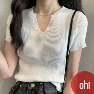 【ohi】夏季短袖 修身 V領T恤短版上衣 女生衣服 女生T恤 針織上衣 夏天衣服 短袖上衣短袖t恤GWHA25