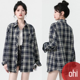 【ohi】格子襯衫 復古港風休閒襯衣 長袖襯衫 女生襯衫 襯衣 襯衫 上衣 寬鬆上衣 長袖上衣 女裝 GSS9001