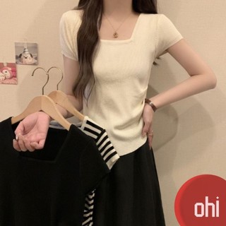 【ohi】不規則方領條紋T恤上衣 女生顯瘦百搭 顯瘦上衣 韓版上衣 簡約上衣 夏天衣服 女裝 GTD5760