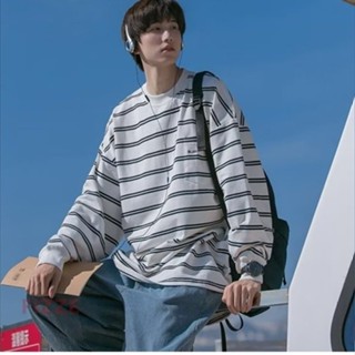 秋季ins潮流百搭秋衣日系長袖上衣 條紋長袖T恤男長T寬鬆高街刺繡大學T(BTKF15【FIZZE】