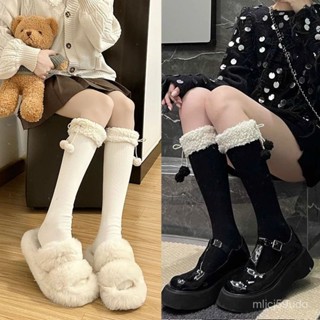 💯【虧本特賣】堆堆襪日係jk女秋冬款批髮保暖蝴蝶結毛球中筒及膝奶白色小腿襪子