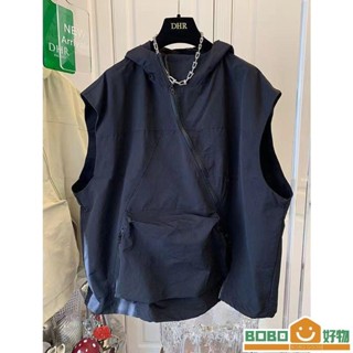 Bob好物❤【顯瘦百搭款】新款特大尺碼寬鬆休閒斜拉鍊口袋連帽馬甲女背心男無袖衝鋒【lb011】衣工裝男