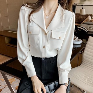 臺灣出貨★長襯衫 韓版襯衫女設計感小眾春裝新款法式V領高級雪紡襯衫氣質職業上衣 大尺碼襯衫 長袖襯衫女 長襯衫 白色襯衫