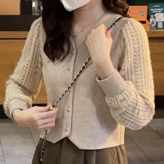 (臺灣出貨)SY長袖上衣秋季新款韓版洋氣V領上衣打底針織衫百搭減齡顯瘦拚接鏤空蕾絲上衣短款上衣