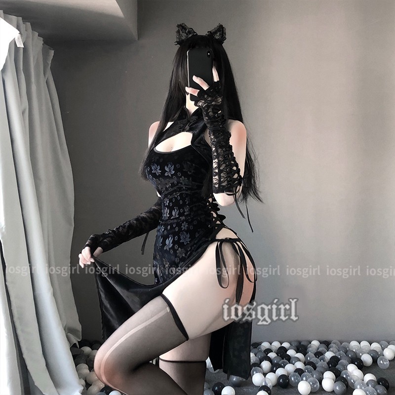 2025新款 有大尺碼- 性感美人胚子 絲絨黑中國 旗袍 高開叉内衣睡裙睡衣 角色扮演1227