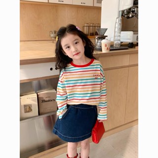女童條紋長袖T恤春秋裝2024新款中小兒童寶寶洋氣保暖打底衫上衣【COCO】