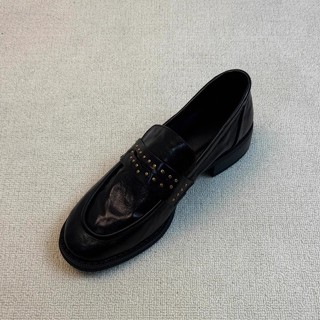 樂福鞋 牛津鞋 德比鞋 懶人鞋 真皮 氣質 簡約 Ins👞真皮複古英倫風圓頭鉚釘褶皺一腳蹬粗跟黑色