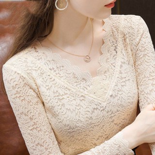 淑女風大碼蕾絲衫女秋冬新款內搭長袖洋氣小衫波浪邊雷絲上衣 蕾絲鏤空領長袖上衣 T恤 蕾絲修身上衣