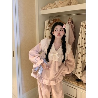 珊瑚絨加絨加厚睡衣女秋冬款年蝴蝶結宿捨家居服套裝絨毛睡衣 長袖保暖家居服 珊瑚絨上衣 法蘭絨上衣 搖粒絨睡衣 睡衣可愛