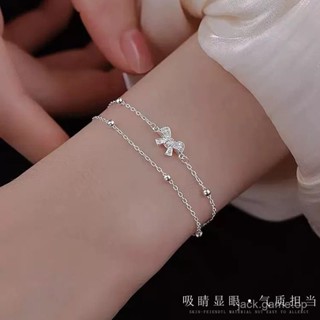 S925純銀蝴蝶結雙層手鏈女簡約小清新輕奢設計感閨蜜七夕精緻禮物