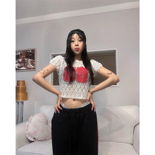 Annie💖 日系少女甜美柔軟蕾絲數字印花短袖短版上衣T恤圓領