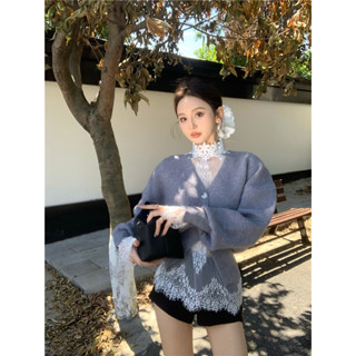 Annie💖法式 溫柔時尚V領高級針織毛衣 小外套+蕾絲打底上衣 +短褲套裝 分開下~
