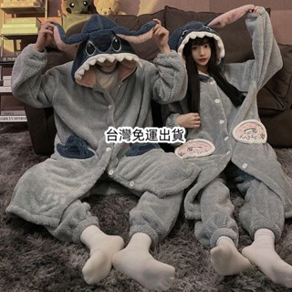 免運🌸史迪仔情侶睡袍女 帶同款刷毛睡褲 冬季法蘭絨男生保暖絨睡衣 卡通史迪奇連帽睡袍 珊瑚絨居家睡袍套裝