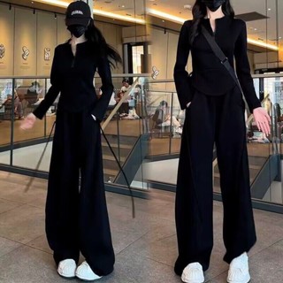 🌺臺灣限時低價🌺時尚洋氣休閑套裝女早秋穿搭壹整套修身長袖t恤上衣闊腿褲兩件套