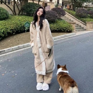 嘉義出貨♕慵懶風珊瑚絨睡袍帶褲子套裝 韓版居家長睡袍 保暖加厚長毛絨睡衣袍 毛絨睡褲 冬季家居服可外穿
