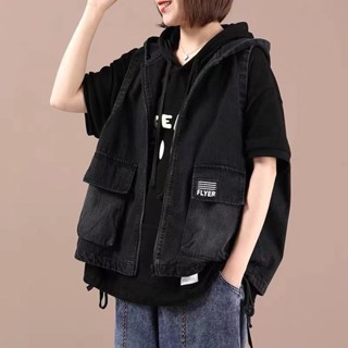 【免運】背心馬甲 韓版韓版休閒連帽牛仔馬甲女春秋新款大尺碼寬鬆休閒百搭外穿馬夾短外套 吊帶背心 牛仔外套 小可愛背心 短