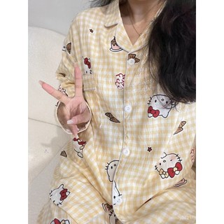 ins風可愛格子HelloKitty睡衣女春秋新款長袖長褲甜美少女居家服
