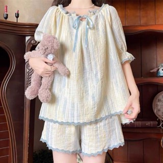 see 女生睡衣 居家服 家居服 睡衣套裝 韓系甜美扎染睡衣女夏季新款ins風蕾絲花邊短袖可外穿居家服套裝