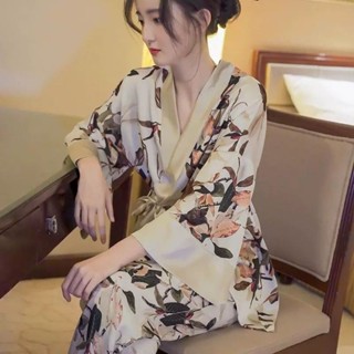 💥臺灣出貨💥日本GP高階感冰絲睡衣女款春秋季新中式複古印花長袖長褲家居服夏💥免運💥可開票
