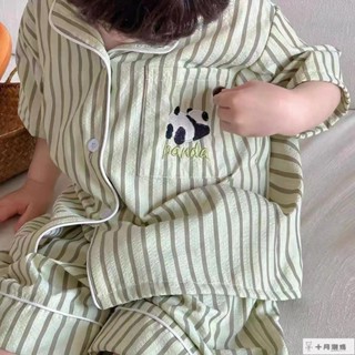 『兒童睡衣』夏季睡衣 居家服套裝 男童睡衣 女童睡衣 2024年兒童睡衣男童短袖短褲空調服夏季寶寶條紋家居服兩件套裝