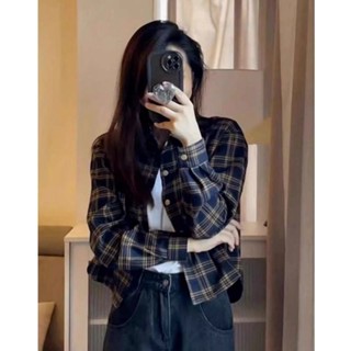 SF 長袖襯衫 女上衣 長袖 t恤女 VIBRATE格子長袖襯衫外套女春季新款設計感小眾寬鬆顯瘦中長上衣