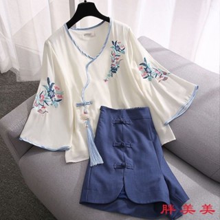 【M-5XL大尺碼】大尺碼女裝 新中式女裝 古風衣服 大碼女裝改良版漢服套裝女夏季2024新款複古國潮上衣闊腿褲兩件套