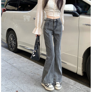 🏆優選品質🏆辣妹煙灰色牛仔褲夏季女士設計感小眾高腰顯瘦喇叭褲子高街潮ins