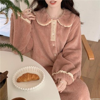 泡泡糖的小店-宮廷風珊瑚絨睡衣冬季女款加絨加厚翻領保暖寬松可外穿家居服套裝