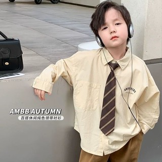 💕洋洋兒童店💕 男童襯衫 兒童襯衫 兒童襯衫春秋季男女童韓版帥氣領帶字母翻領襯衣開衫寶寶長袖上衣 男童上衣 兒童長袖襯衫