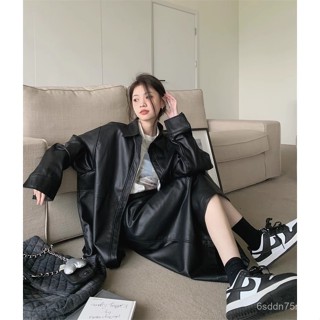皮外套 皮衣 皮衣外套 2024秋季時尚 套裝PU皮衣夾剋外套女 早秋高腰顯瘦直筒半身裙兩件套 寬鬆皮衣
