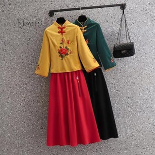 中式民國風唐裝復古刺繡絲絨提花改良顯瘦旗袍套裝春秋季兩件套女 大碼女裝 兩件套 棉麻套裝 復古套裝 休閒套裝 寬鬆套裝