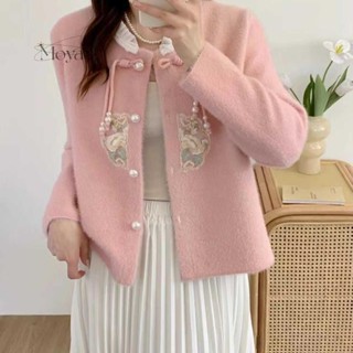 新中式國風仿水貂絨外套女秋冬新款慵懶風寬松洋氣開衫短款厚 國風外套 盤扣外套 刷毛外套 棉服 羽絨服 韓版外套 厚款保暖