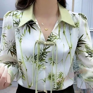 夏秋女士襯衫襯衣上衣 秋季新款氣質顯瘦大碼上衣新中式盤扣襯衫女式七分袖襯衣洋氣時尚百搭洋氣 雪紡襯衫 大尺碼襯衫女