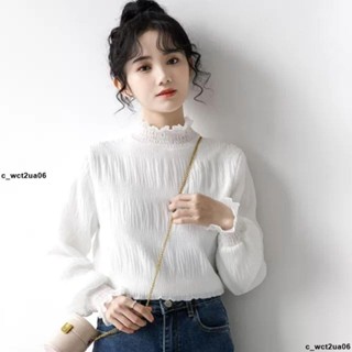 💘特惠新品 韓版 新款白色高領打底衫女冬刷毛加厚雪紡上衣洋氣內搭保暖蕾絲衫