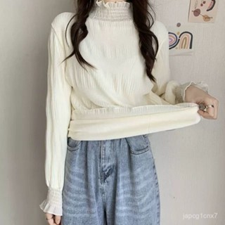 蕾絲打底衫 內搭網紗 冬季 韓版2024新款蕾絲打底衫女ins潮半高領T恤女加絨加厚保暖上衣 CCQ4