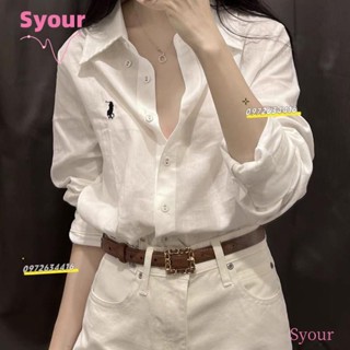 ✨臺灣出貨✨限時低價襯衫長袖上衣 韓版100%純棉小馬標刺繡上衣春秋夏新款白色長袖休閒寬鬆小眾襯衫外套 泡泡袖襯衫 女上